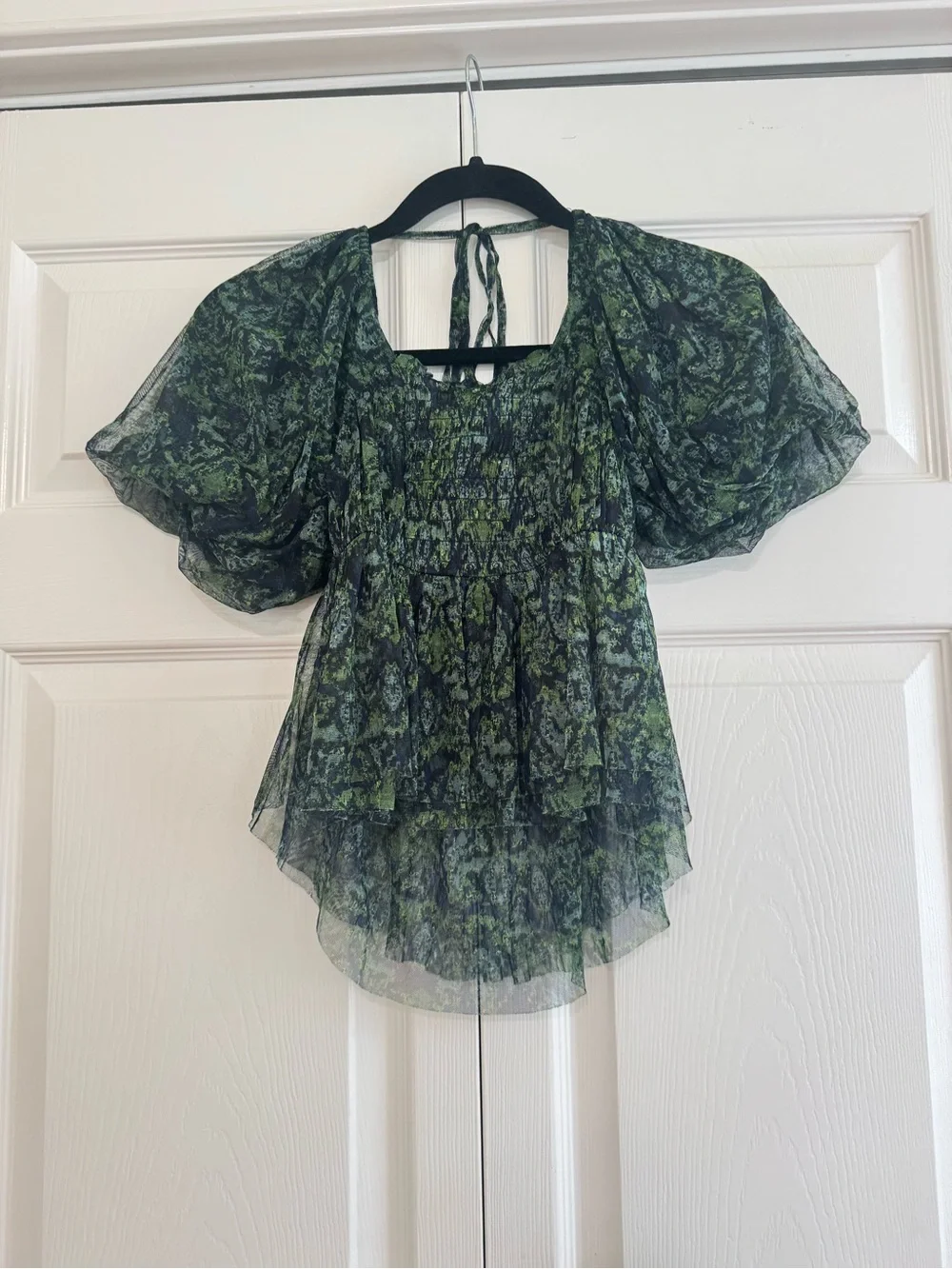Free People Puff Sleeve Top in Dark Green Print